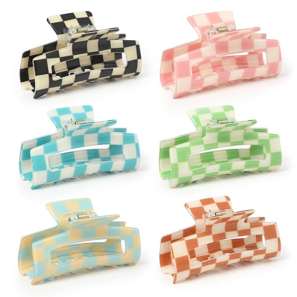 Checkered Multicolored Rectangle Y2K Hair Barrettes and Claw Clips - 6 Pcs Stron